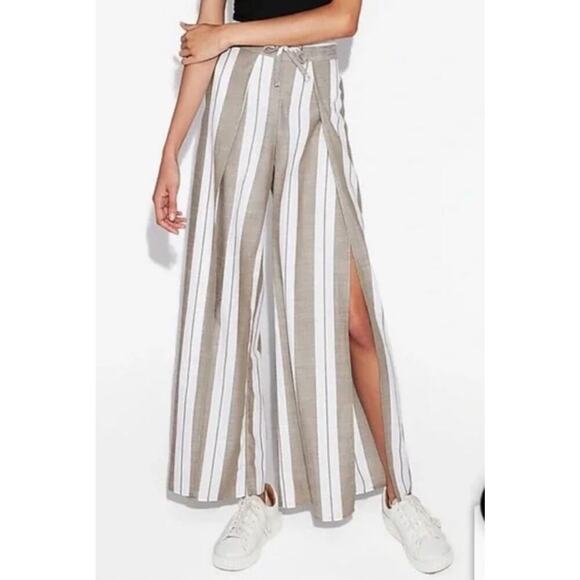 Express High Waisted Striped Surplice Wide Leg Cotton Pant-tan/white flowy pants - Picture 1 of 10
